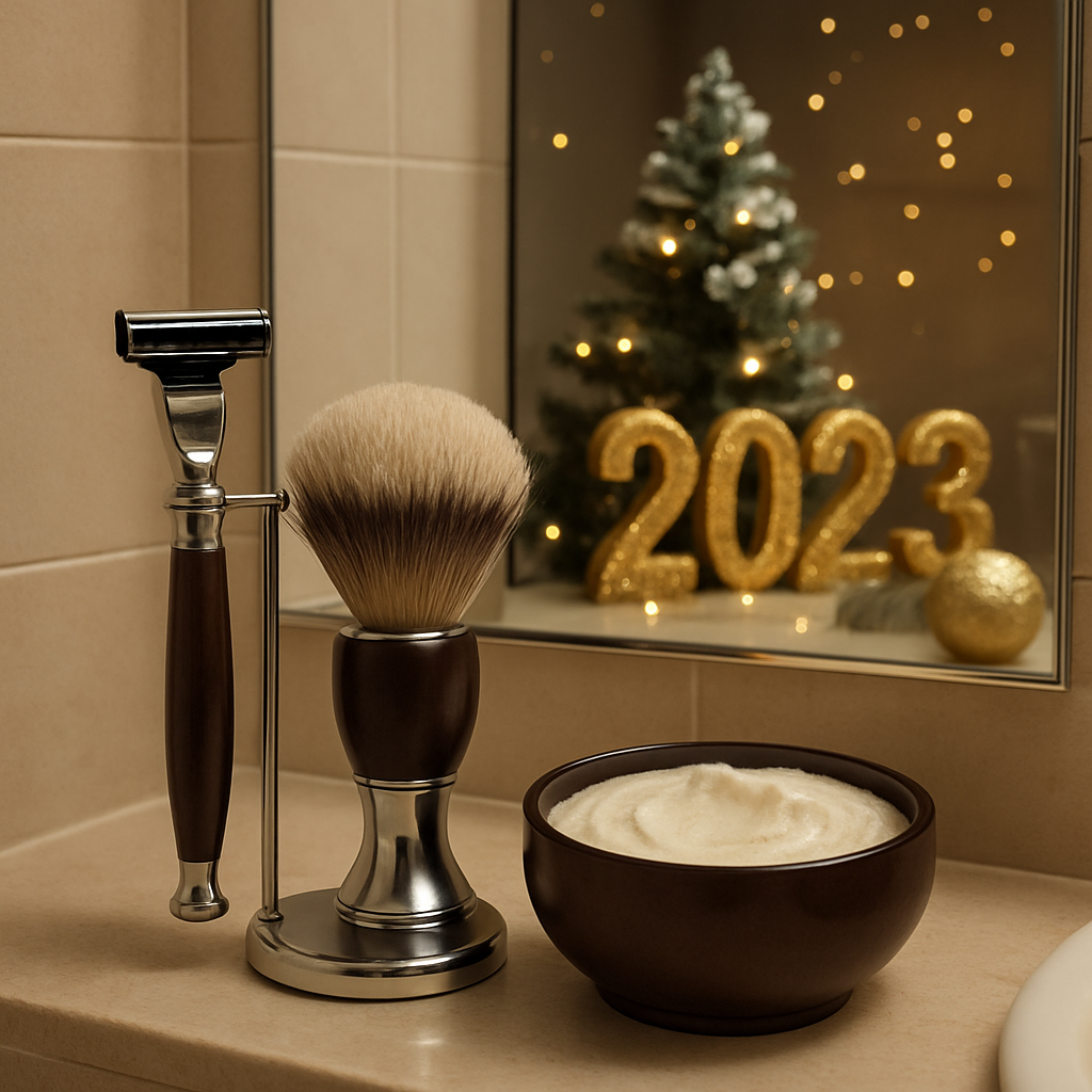 Luxury shaving kit with a razor, shaving brush, and cream, set against a festive backdrop