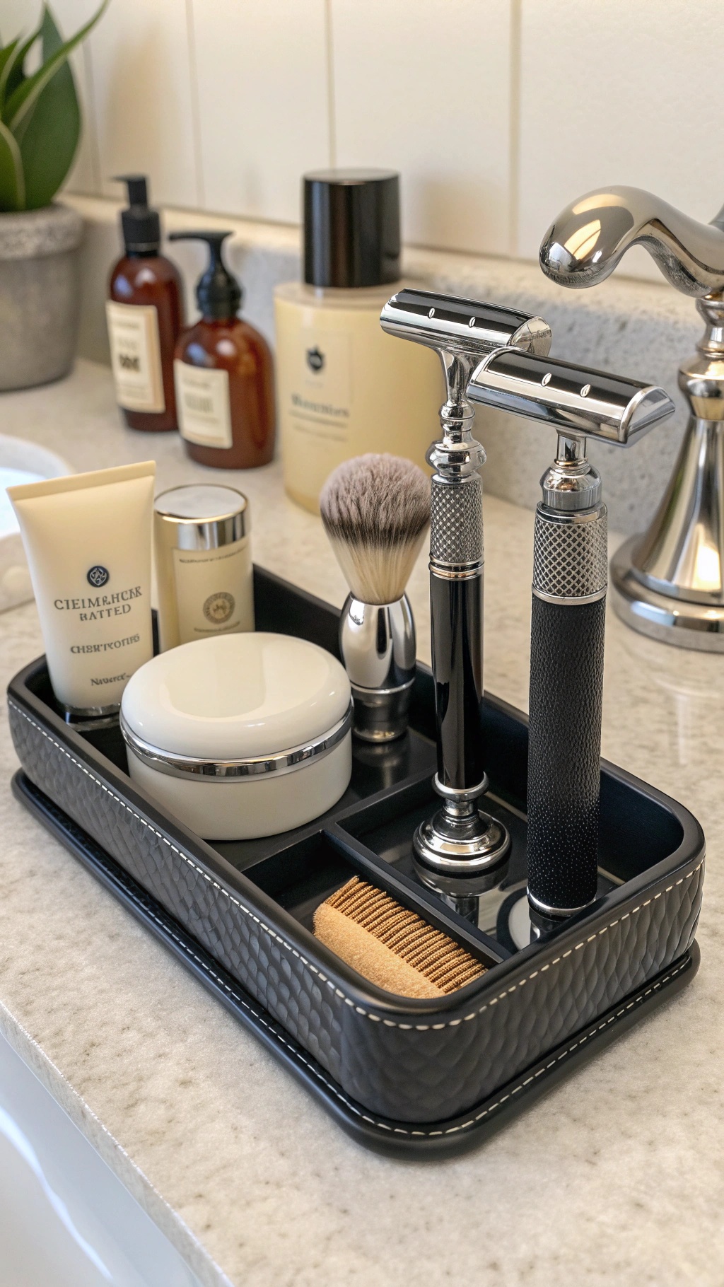 20 Thoughtful New Year's Gifts for Him Luxury shaving kit with razor, brush, and skincare products arranged neatly.