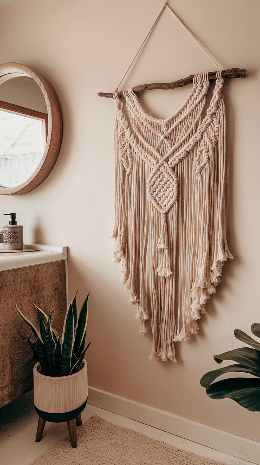 10 Boho Bathroom Decor Ideas for a Relaxed and Artistic Oasis A macrame wall hanging displayed in a boho bathroom, featuring natural tones and textures.