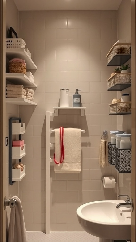 15 Creative Ways to Decorate a Small Bathroom on a Budget A small bathroom with shelves and organizers maximizing vertical space.