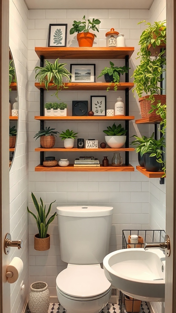 Stylish bathroom with vertical shelving displaying plants and decor.