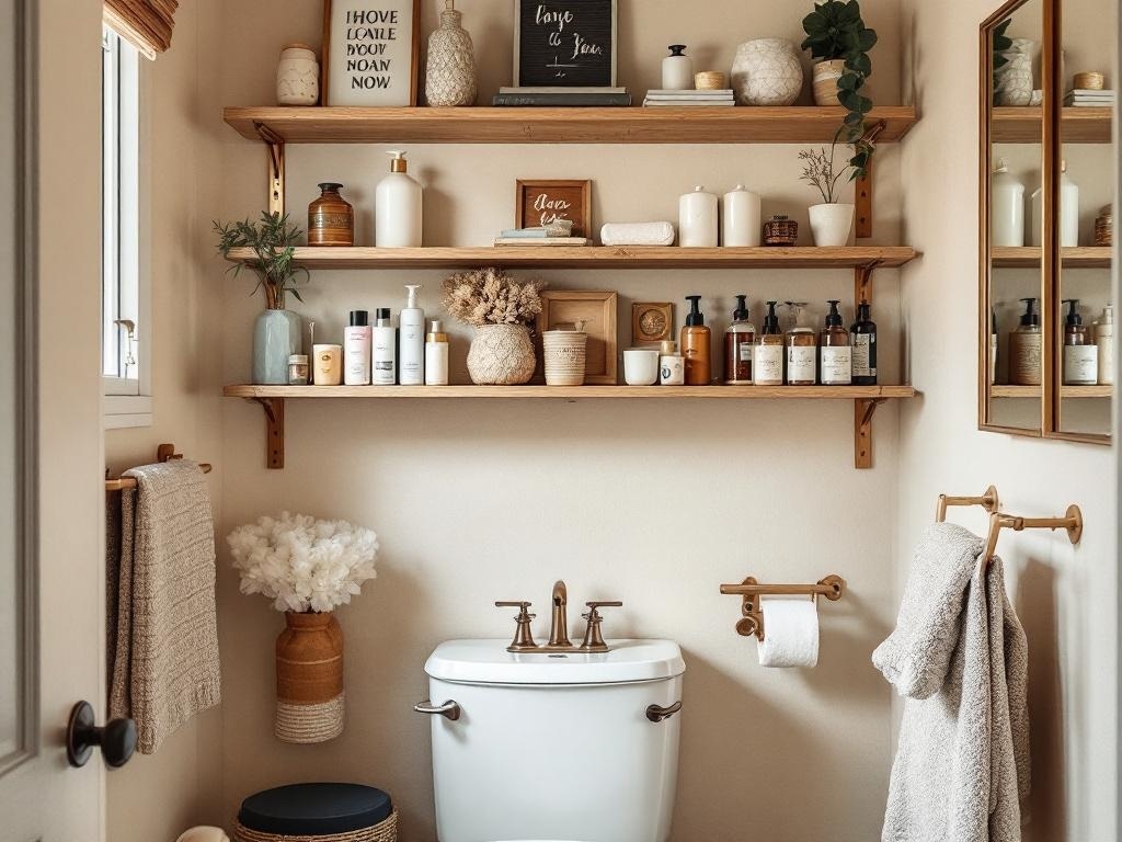 A small bathroom featuring wooden shelves filled with toiletries and decorative items, creating a spacious feel.