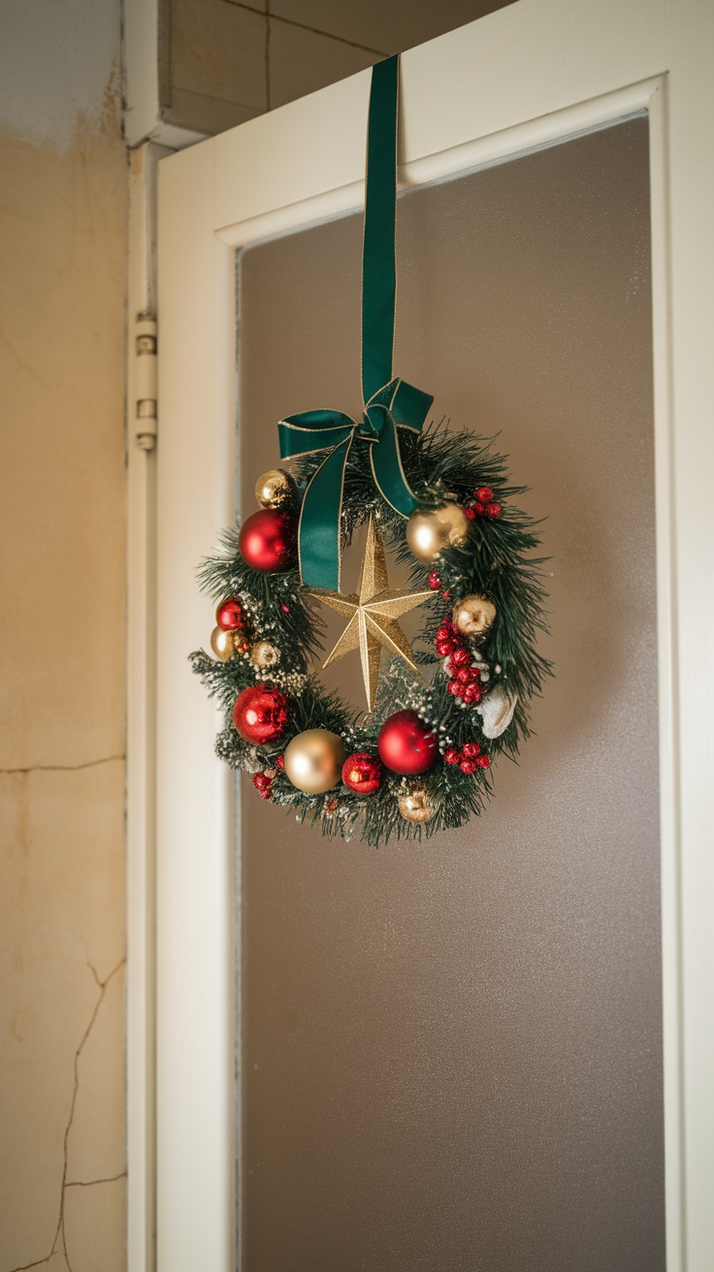 A festive holiday wreath with red and gold ornaments, a golden star, and a green ribbon, hanging on a bathroom door.