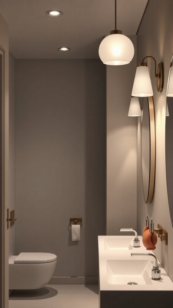 A minimalist bathroom featuring stylish lighting fixtures, including a pendant light and wall sconces.