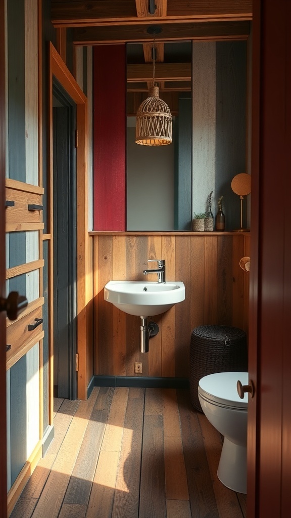 A small bathroom featuring mixed materials with wooden walls, a modern sink, and colorful accents.