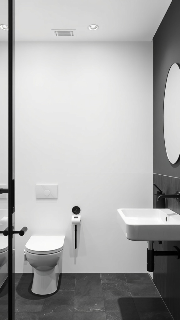 Minimalist bathroom with monochromatic fixtures in black and white