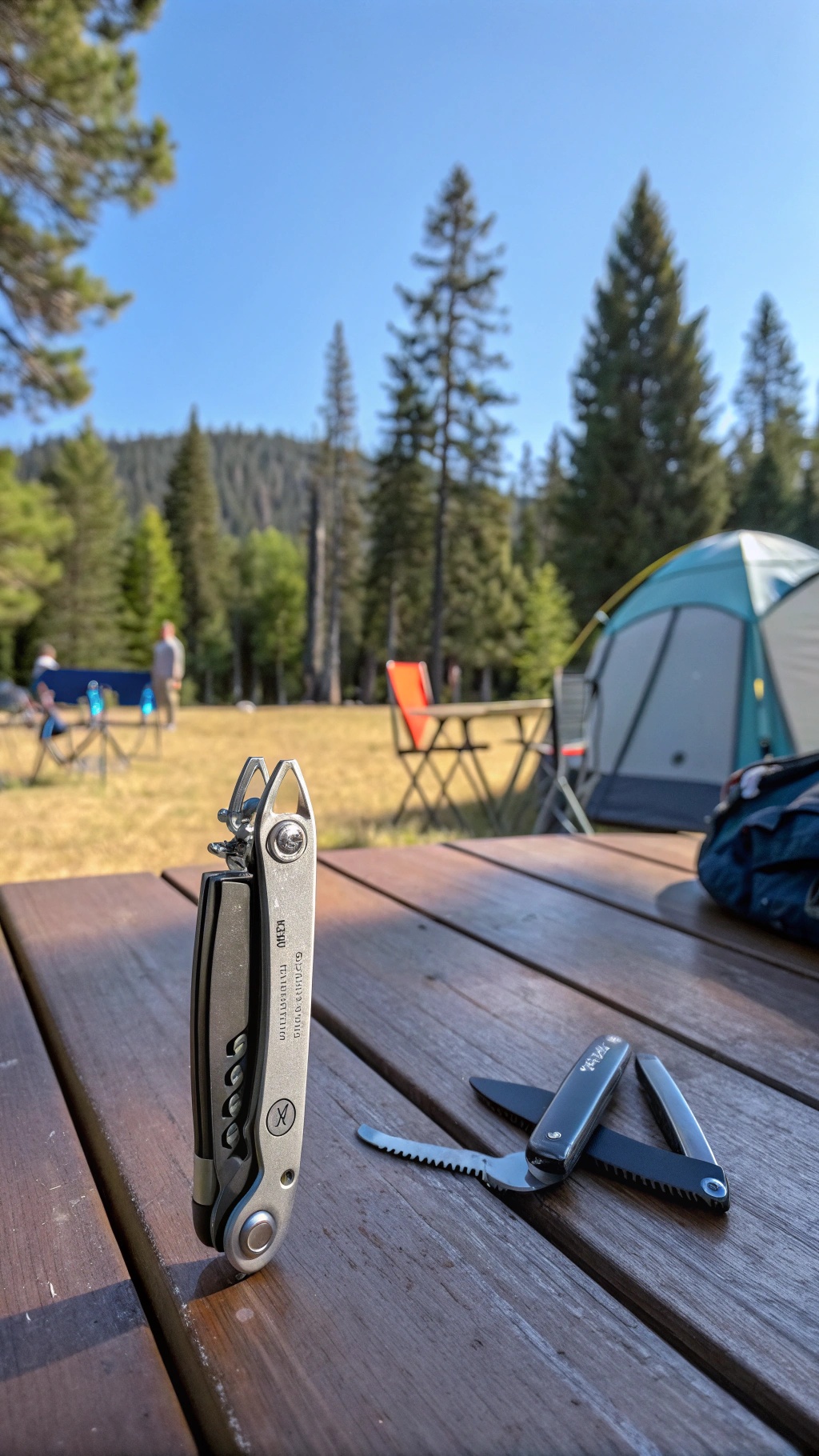 20 Thoughtful New Year's Gifts for Him A multi-tool on a wooden table in an outdoor setting with trees and a tent in the background.