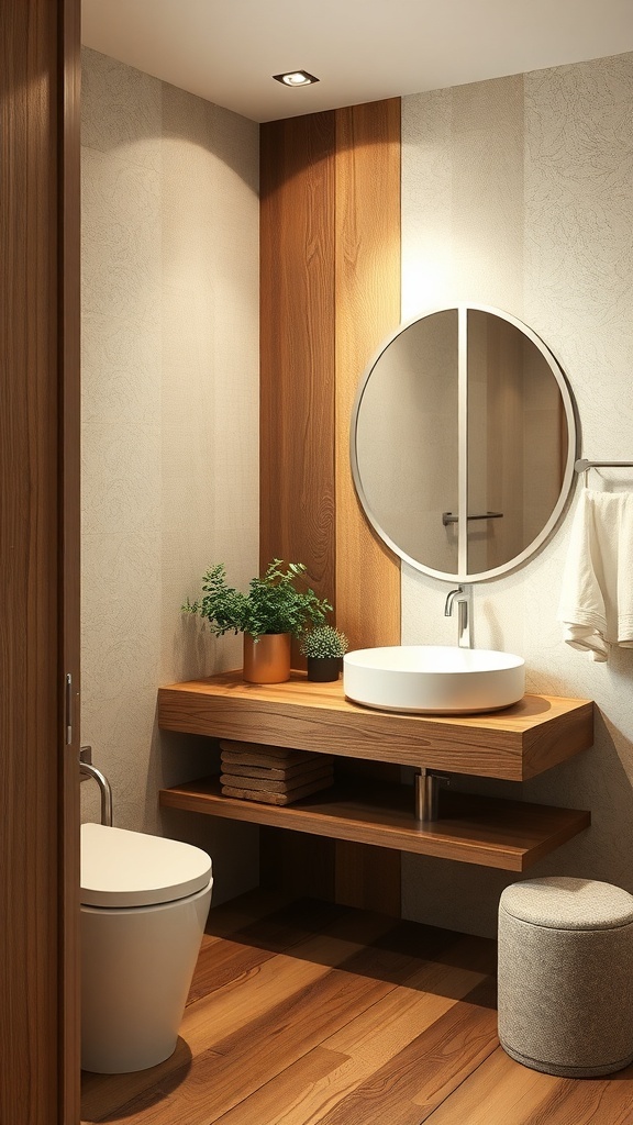 Minimalist bathroom featuring wooden elements, a round sink, and plants.