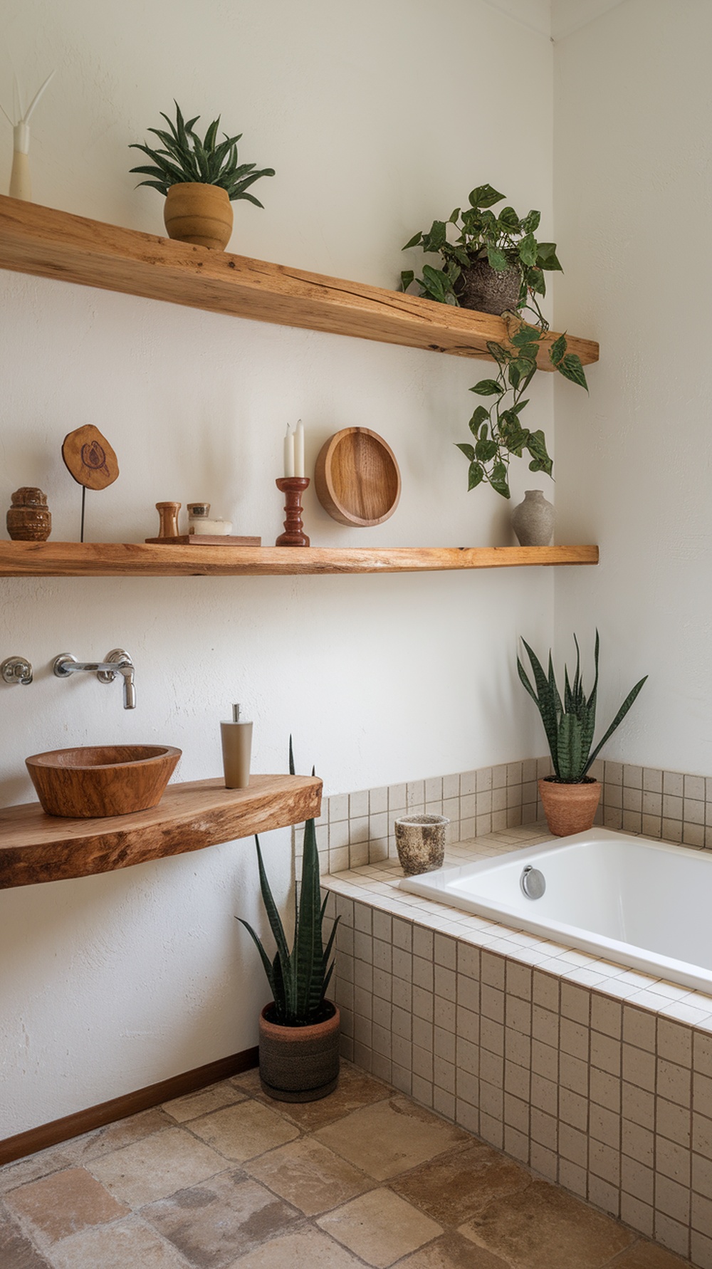 10 Boho Bathroom Decor Ideas for a Relaxed and Artistic Oasis A boho bathroom featuring natural wood accents, including shelves, a sink, and decorative items, complemented by plants.