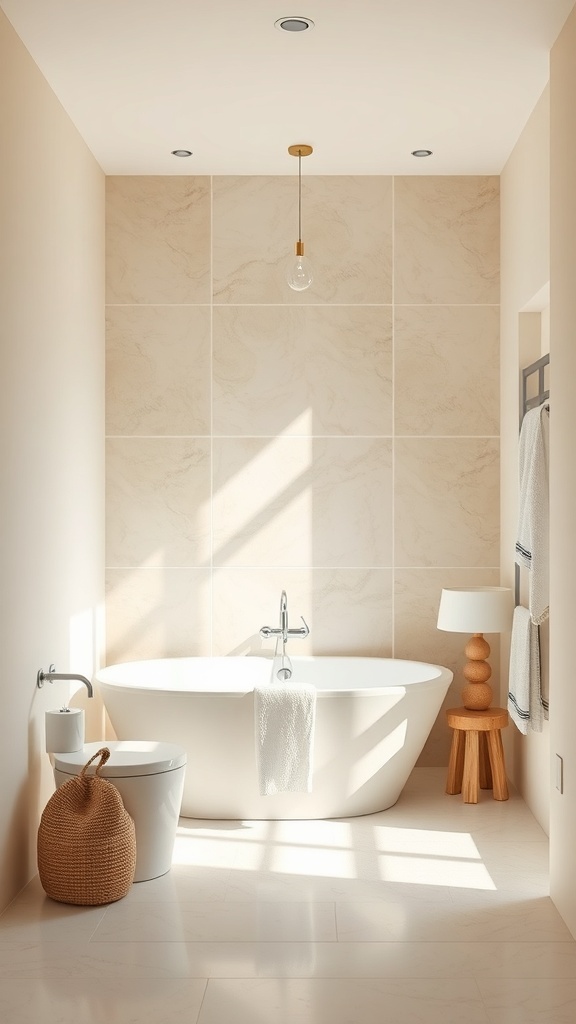 Minimalist bathroom with neutral color palette featuring a bathtub, wooden lamp, and woven basket.