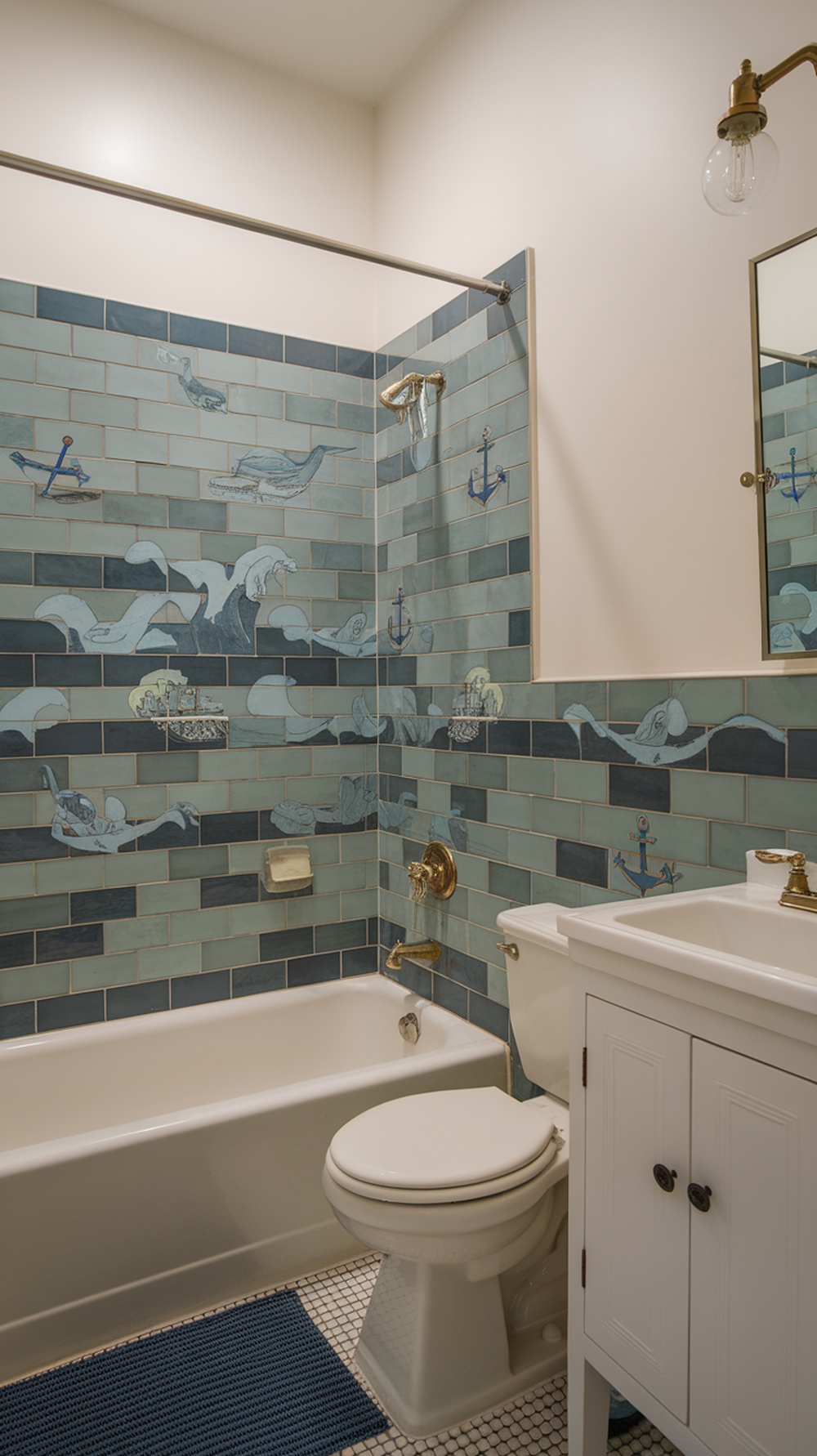 A small bathroom featuring ocean-inspired patterned tiles with waves and sea creatures.