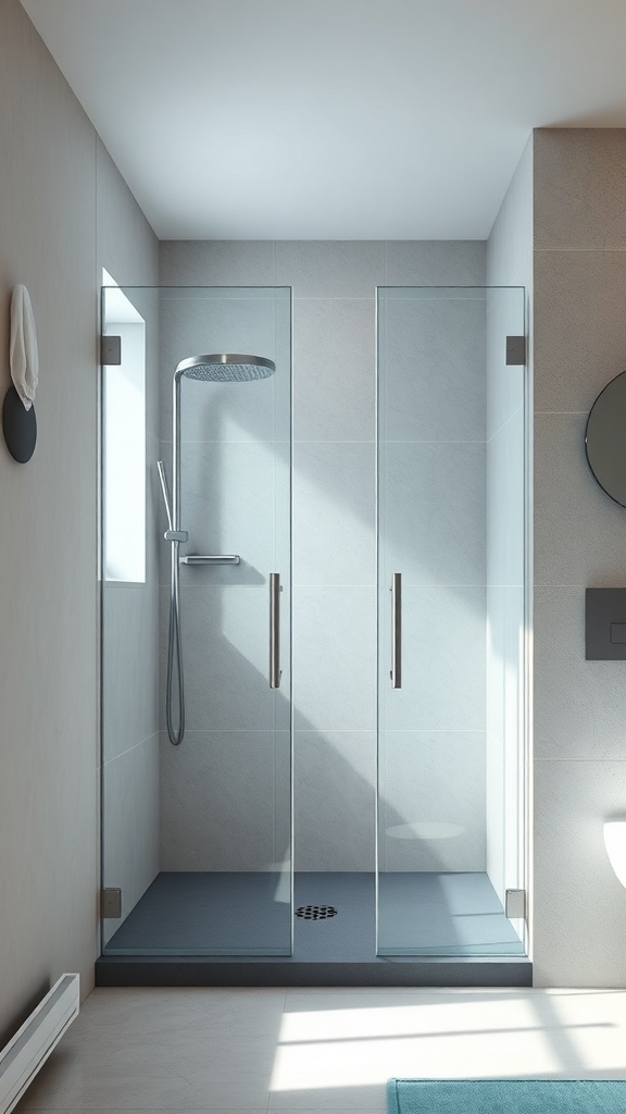 A minimalist open shower with glass walls and modern fixtures.