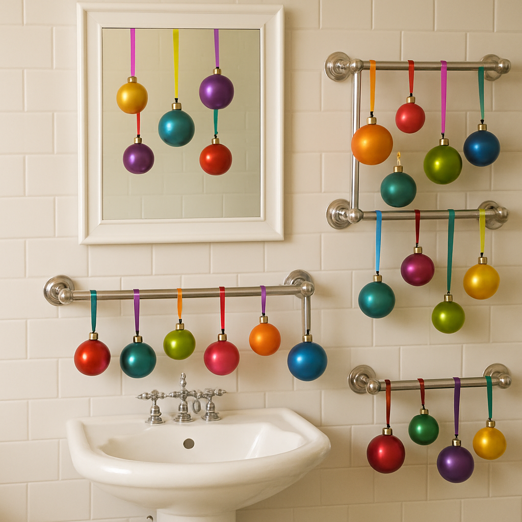 Colorful ornaments hanging in a bathroom, adding a festive touch to the decor.