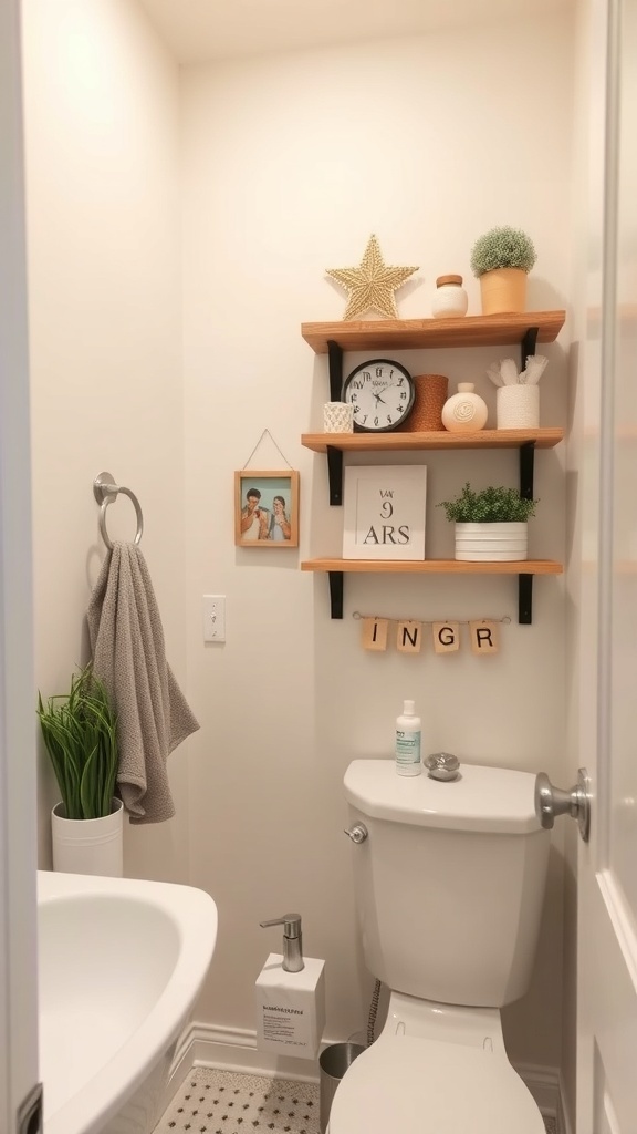 15 Creative Ways to Decorate a Small Bathroom on a Budget Small bathroom with DIY shelves and decor.