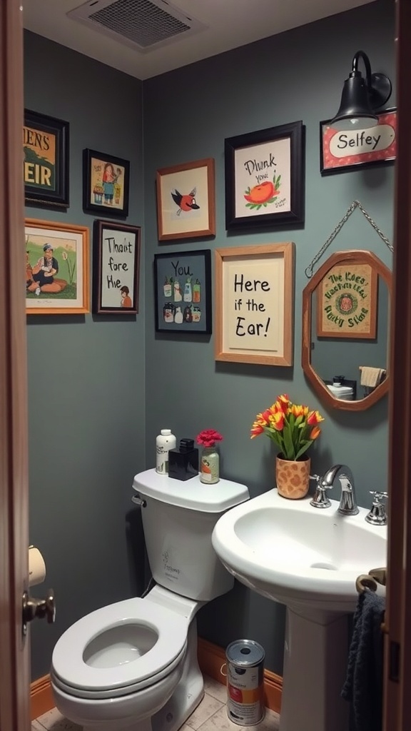 A small bathroom with colorful framed art on the walls, featuring playful quotes and illustrations.