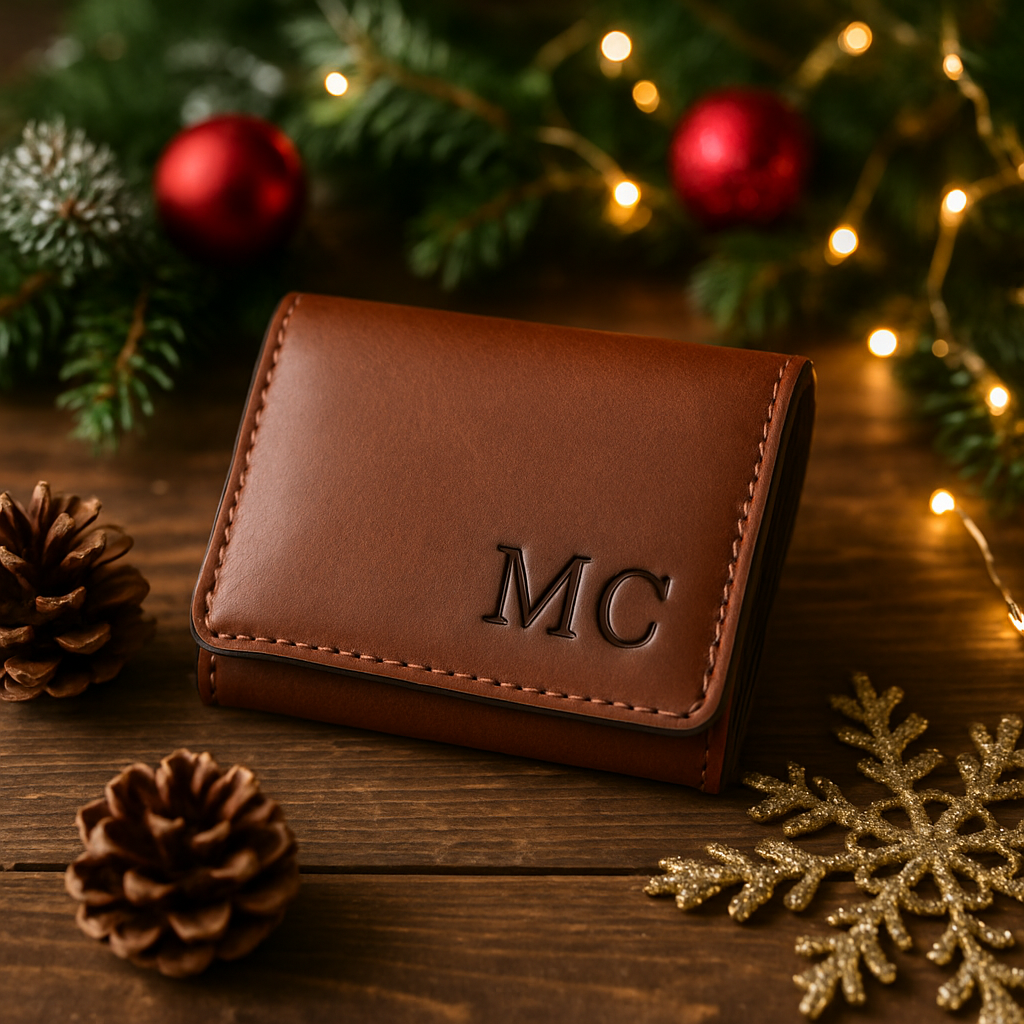 A personalized brown leather wallet with initials, surrounded by holiday decorations.