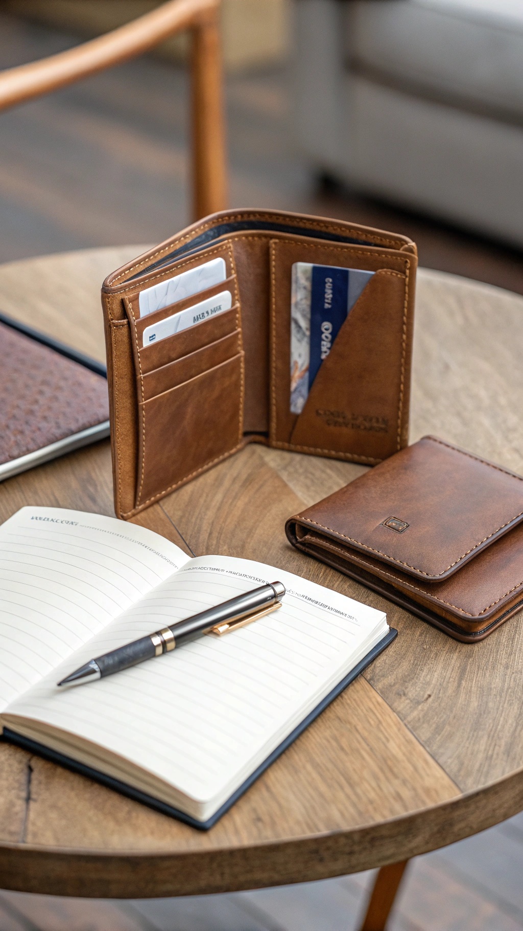 20 Thoughtful New Year's Gifts for Him A personalized leather wallet displayed on a wooden table with a notebook and pen.