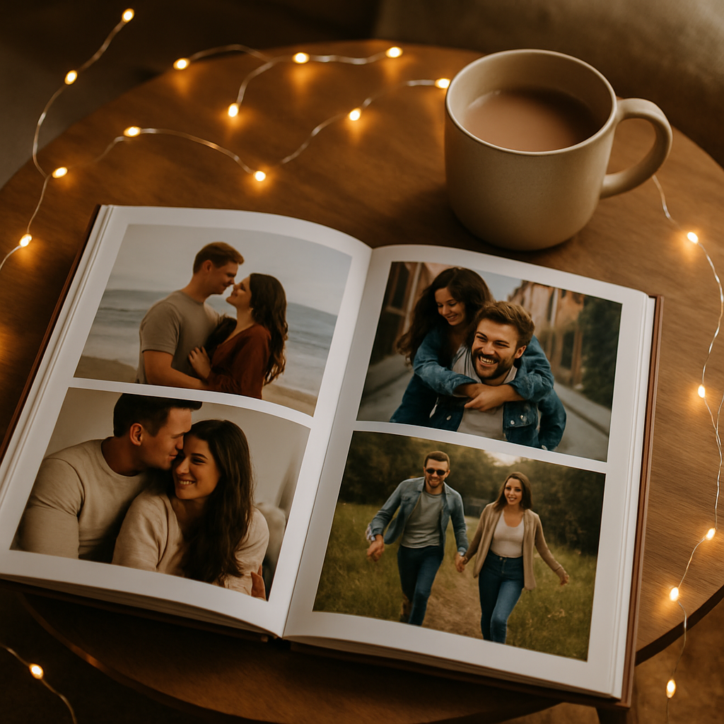 A personalized photo book open on a table with photos of couples, a cup of coffee, and fairy lights.