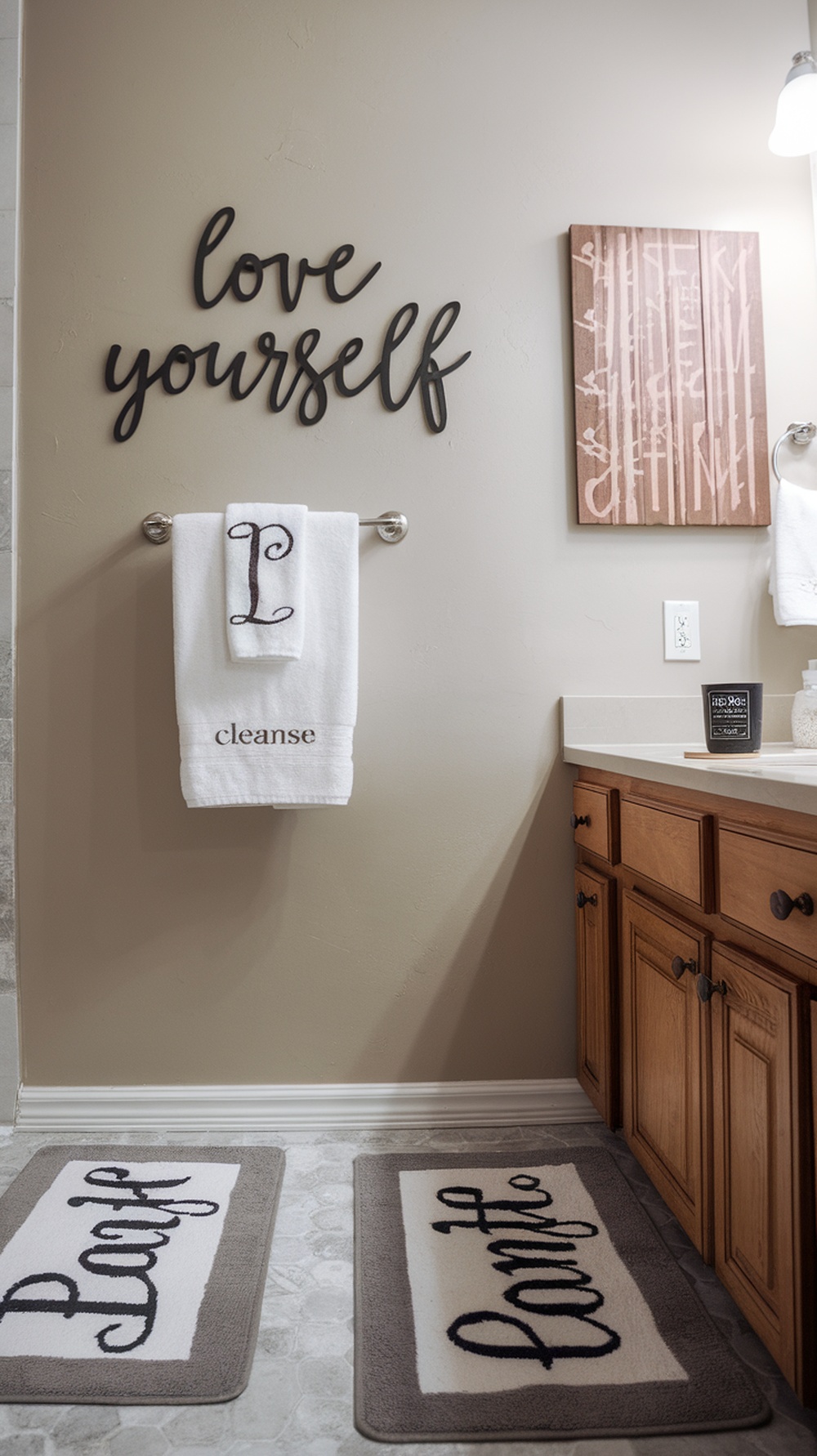 15 Small Funky Bathroom Ideas to Transform Your Space Instantly A cozy bathroom featuring personalized decor, including a wall sign that says