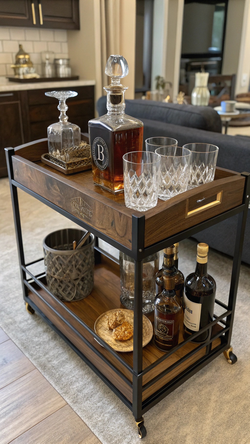 20 Thoughtful New Year's Gifts for Him A personalized whiskey decanter set displayed on a bar cart with glasses and bottles.