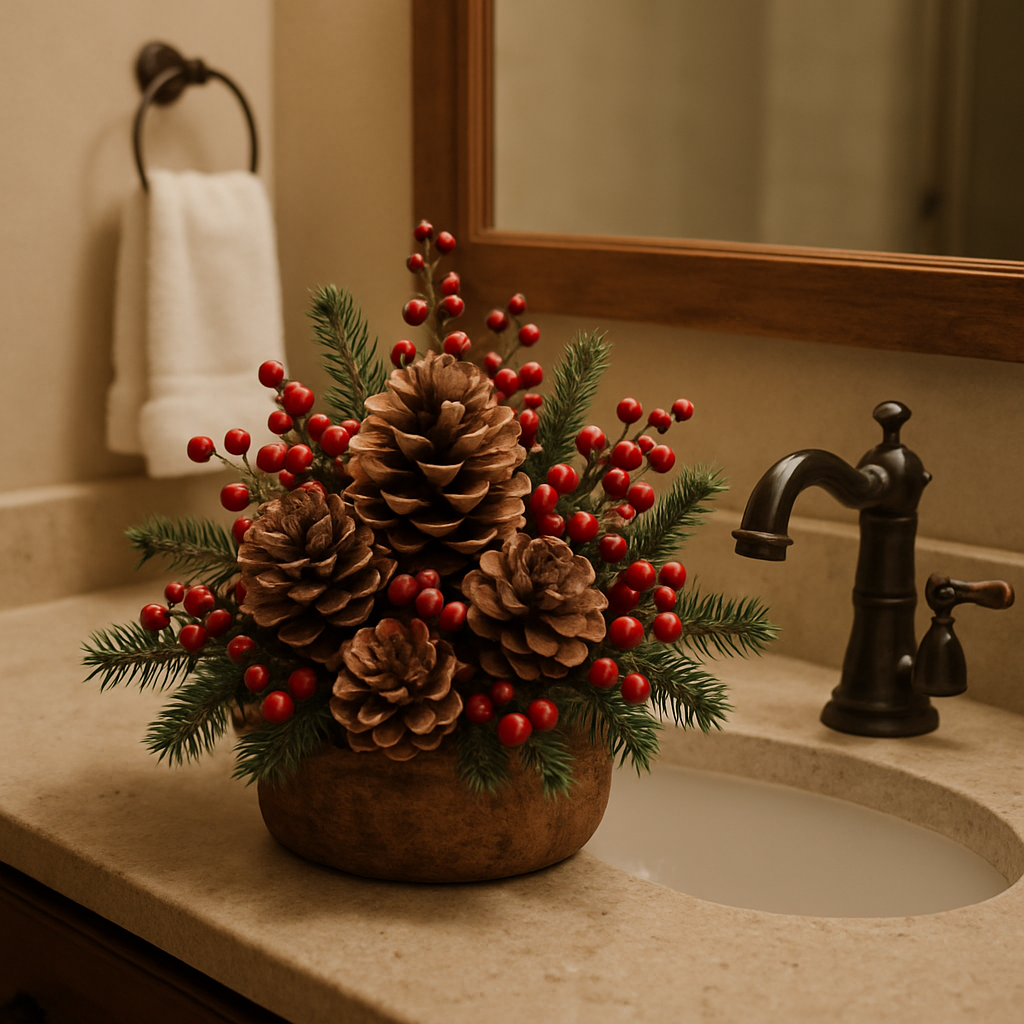 A festive centerpiece made of pinecones and red berries in a bathroom setting.