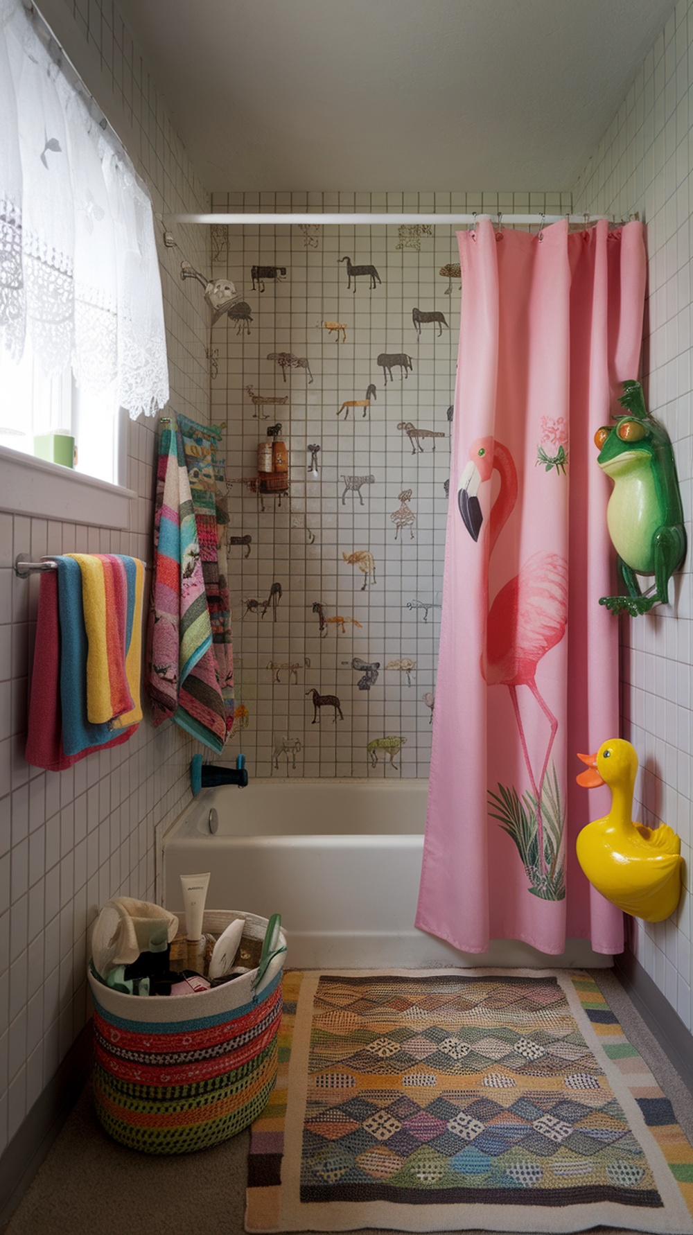 A colorful bathroom featuring playful animal prints on the wall tiles, a pink flamingo shower curtain, and vibrant towels.