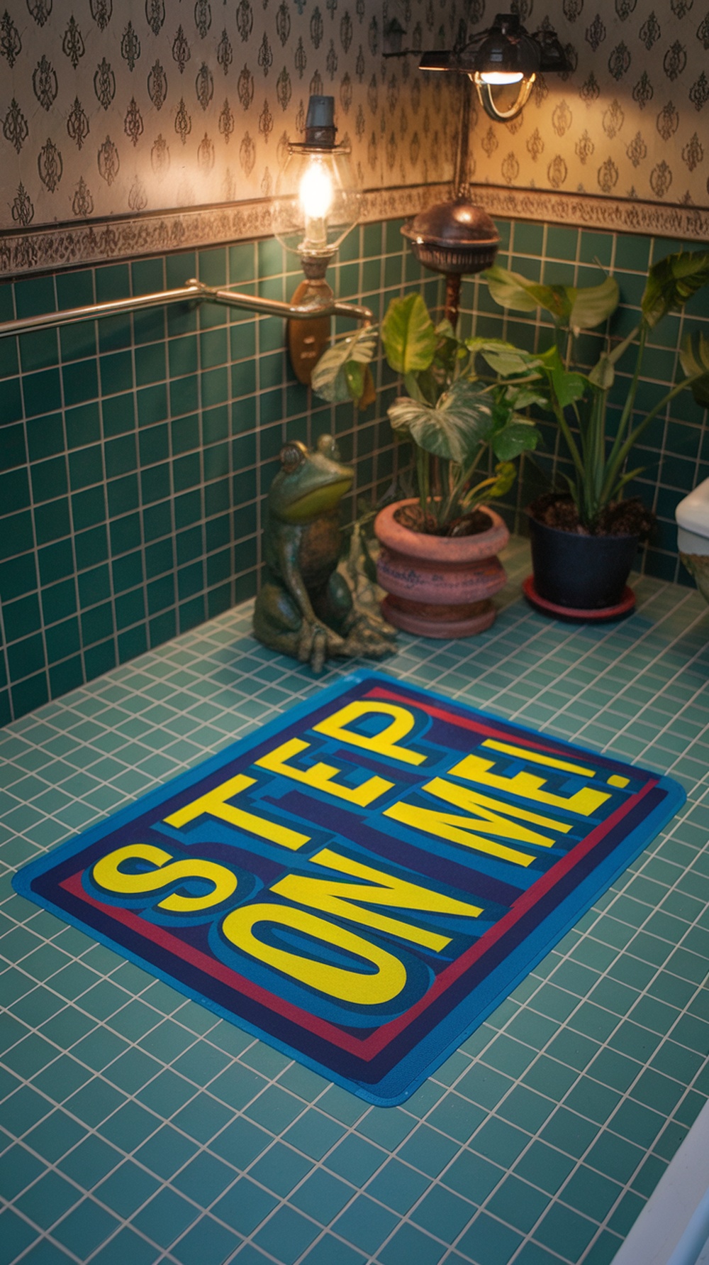 15 Funky Small Bathroom Ideas on a Budget with Must-Have Amazon Decor Finds Colorful bath mat with the phrase