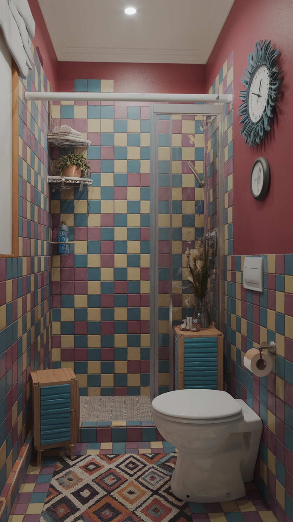 15 Funky Small Bathroom Ideas on a Budget with Must-Have Amazon Decor Finds A small bathroom featuring colorful tiles and playful decor.