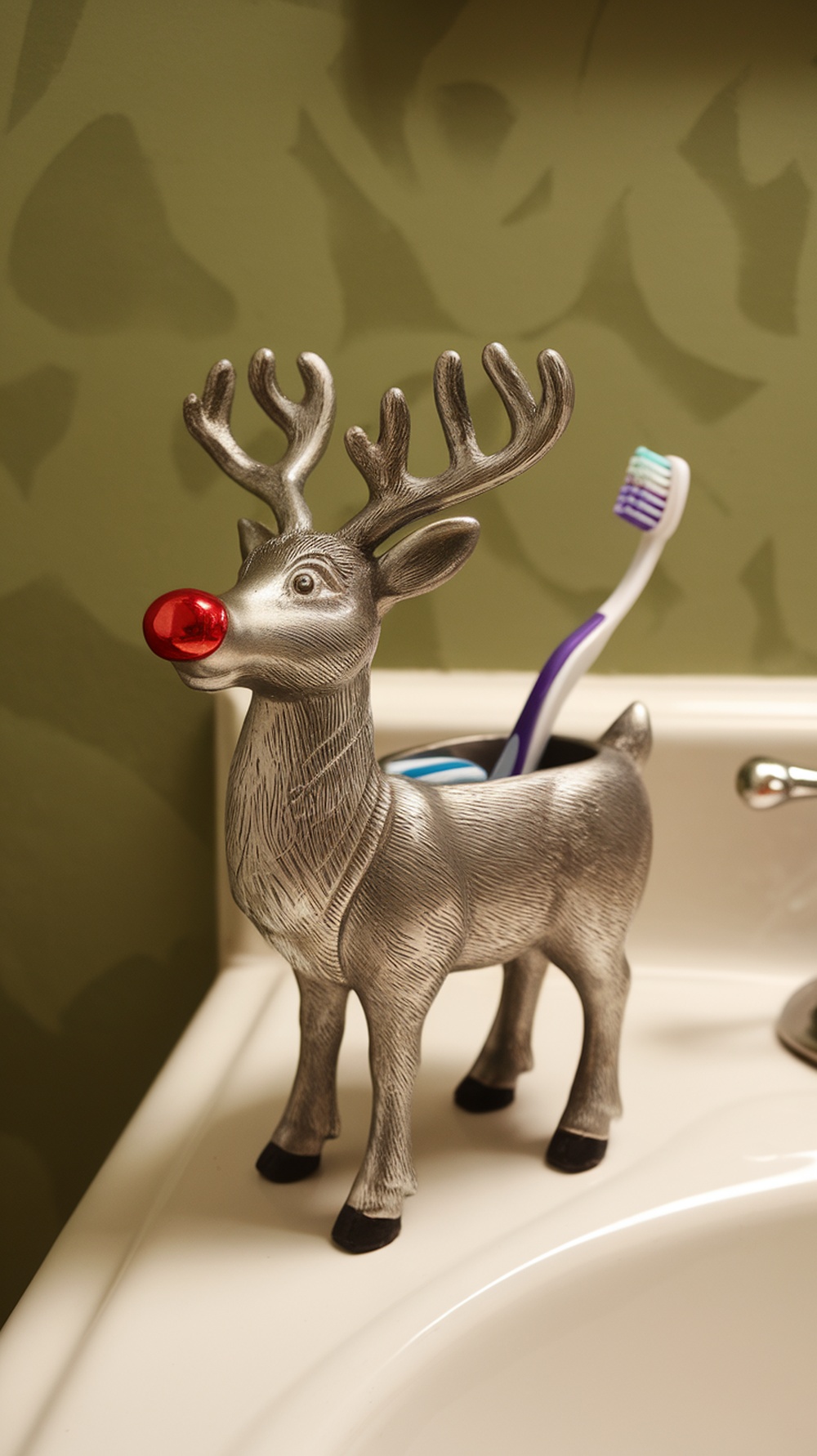 A playful silver reindeer toothbrush holder with a red nose, holding colorful toothbrushes.