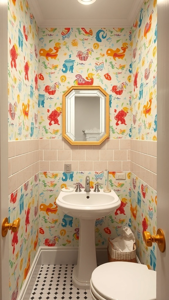 A small bathroom with colorful animal-themed wallpaper, a white sink, and black-and-white floor tiles.