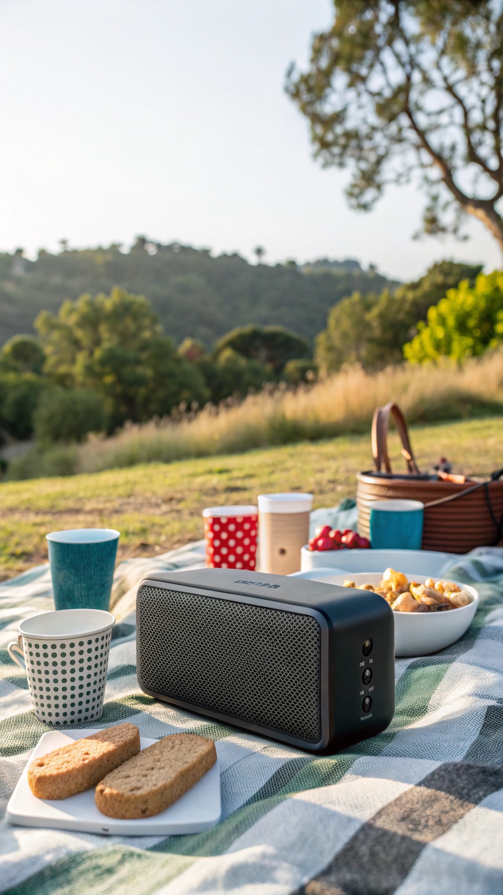 20 Thoughtful New Year's Gifts for Him A portable Bluetooth speaker on a picnic blanket with snacks and drinks in a scenic outdoor setting.