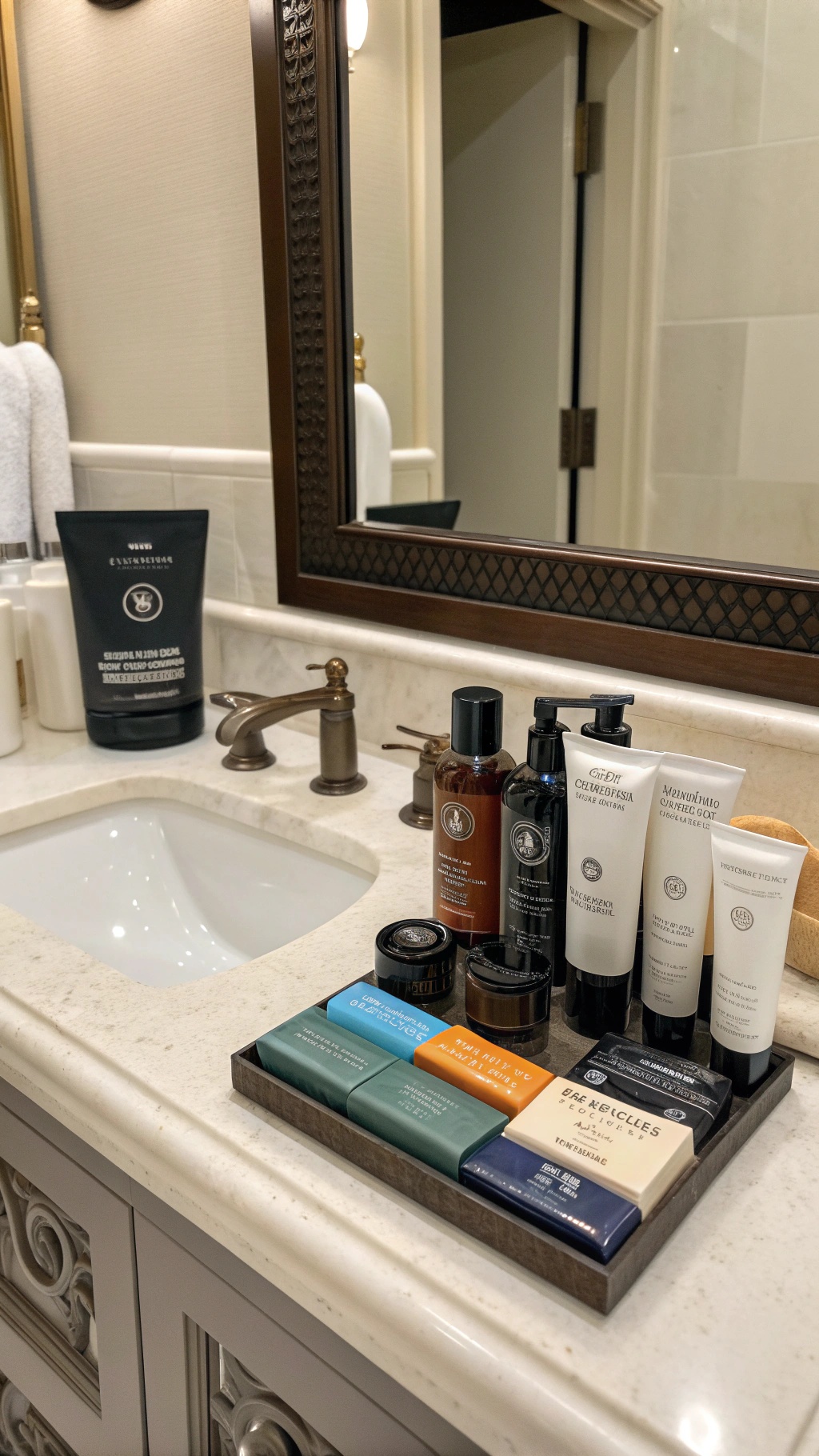 20 Thoughtful New Year's Gifts for Him A stylish bathroom countertop with various premium grooming products arranged neatly.