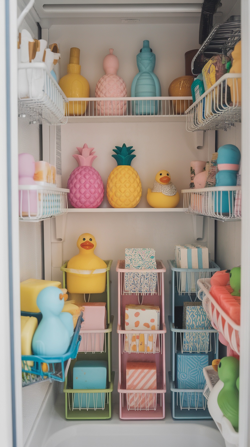 15 Funky Small Bathroom Ideas on a Budget with Must-Have Amazon Decor Finds Colorful shower accessories in a bathroom storage unit.