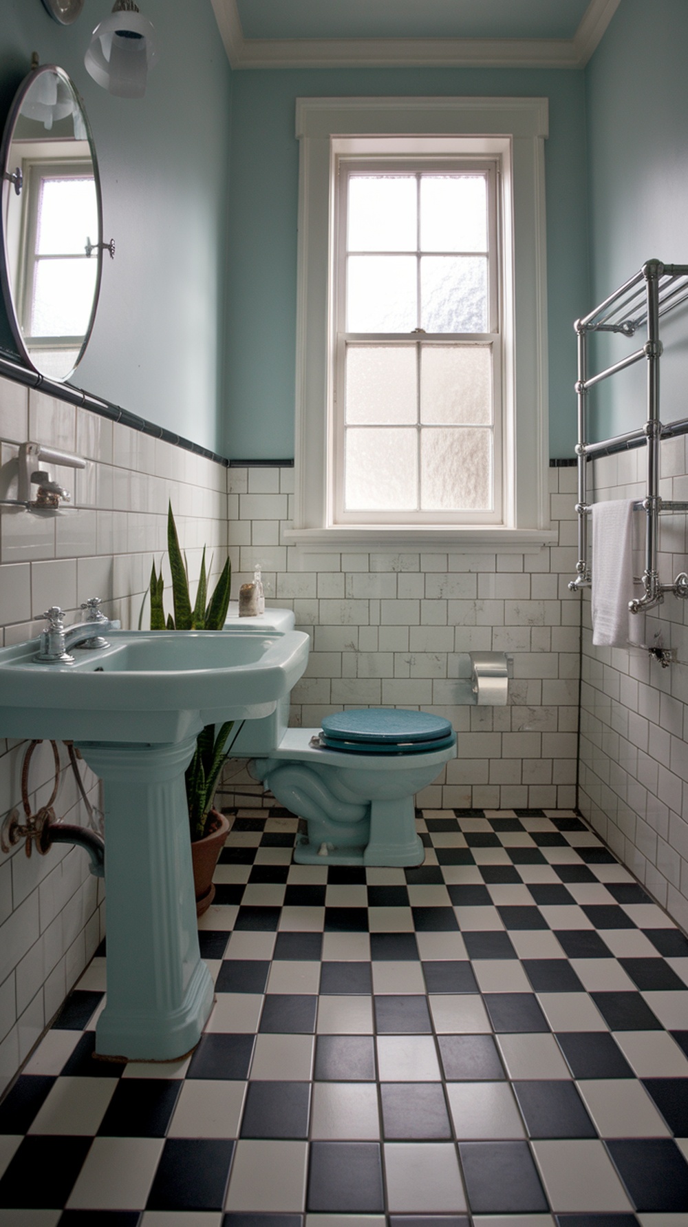 A small bathroom with retro checkerboard tiles in black and white, soft blue walls, and vintage fixtures.