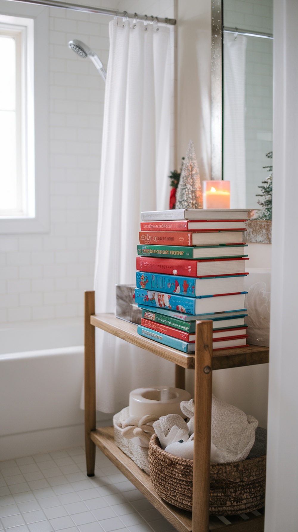 A cozy bathroom shelf with a stack of colorful seasonal books, a candle, and decorative items.