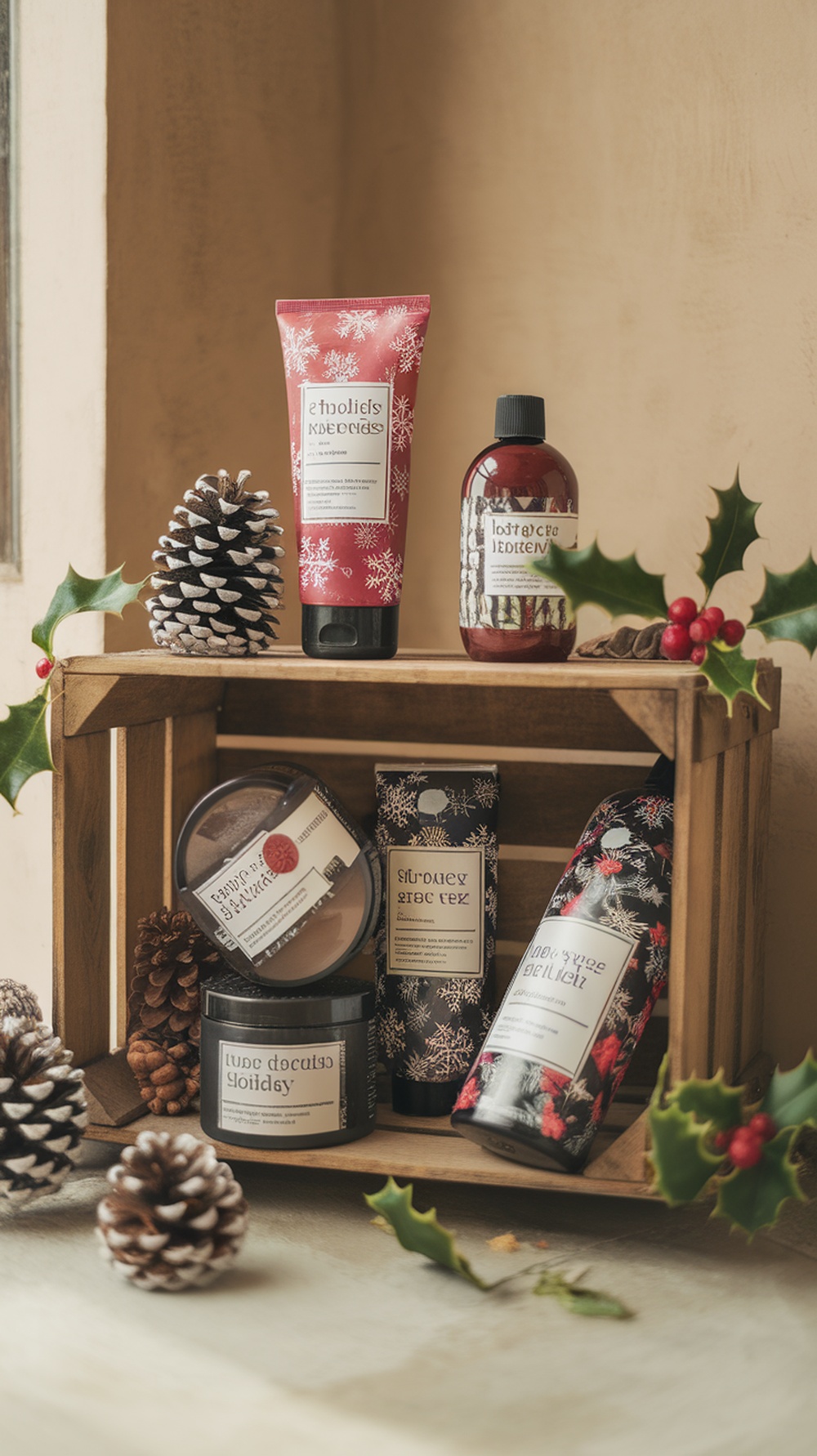 A wooden crate filled with festive bath products, surrounded by pinecones and holly leaves.
