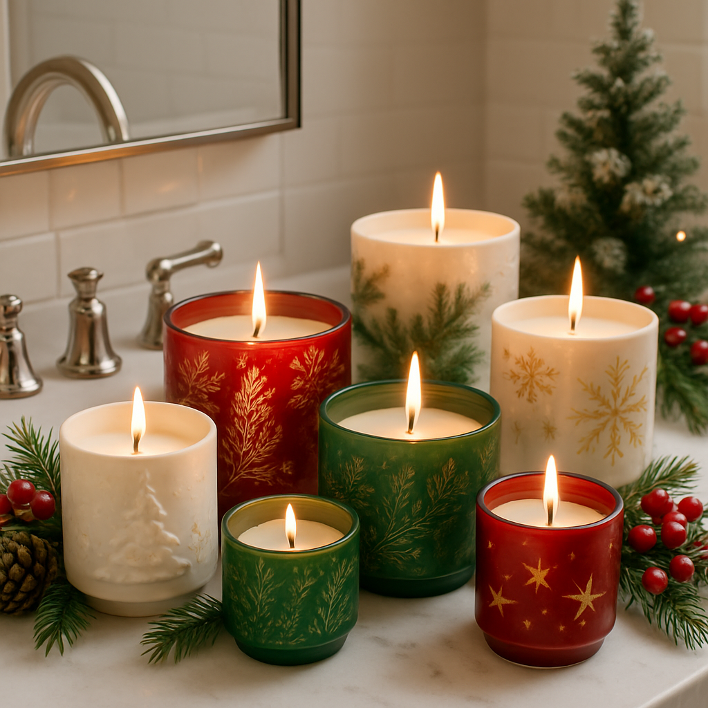 A festive arrangement of Christmas candles in red, green, and white, surrounded by pine branches and holiday decor.