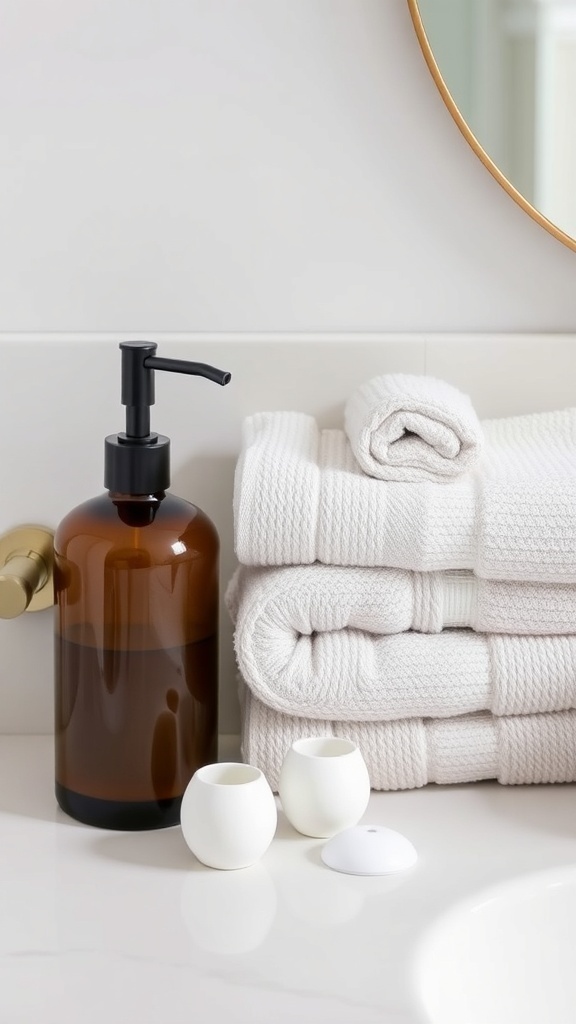 Minimalist bathroom accessories including stacked white towels and a sleek soap dispenser.