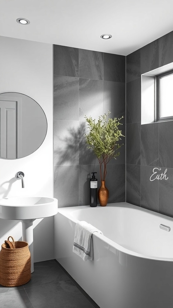 A minimalist bathroom featuring geometric shapes with a round mirror, angular sink, and bathtub, complemented by a potted plant.