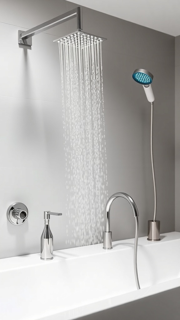 A minimalist bathroom featuring a sleek showerhead and faucet against a simple wall.