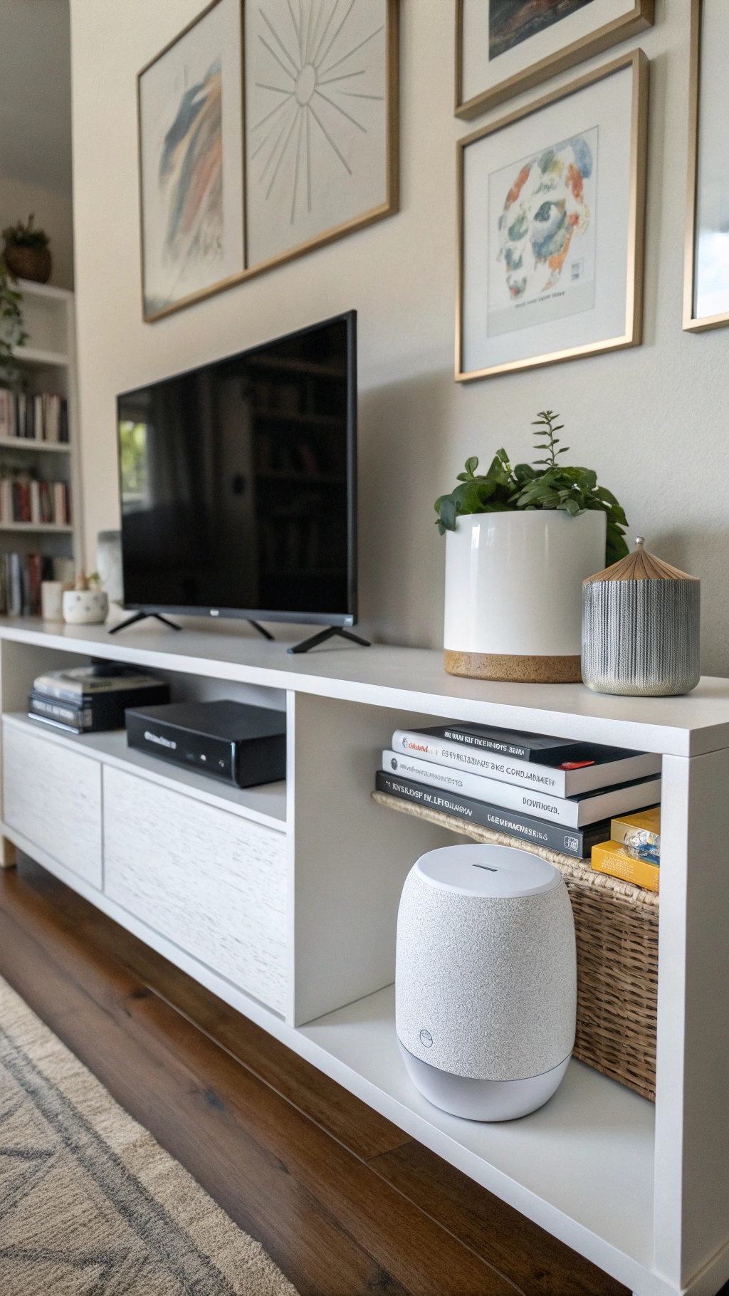 20 Thoughtful New Year's Gifts for Him A smart speaker placed on a shelf next to a television and decorative items.