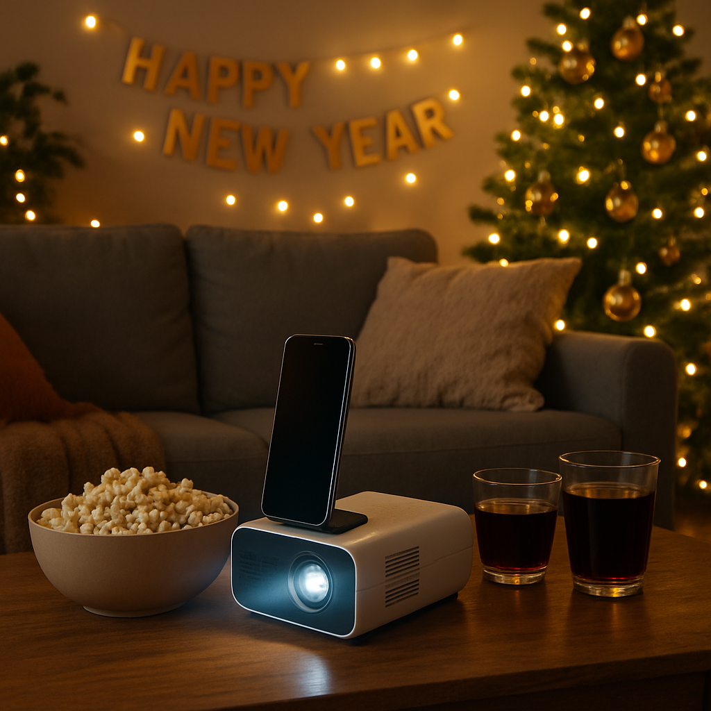 A smartphone projector on a table with popcorn and drinks, set in a cozy living room decorated for New Year.