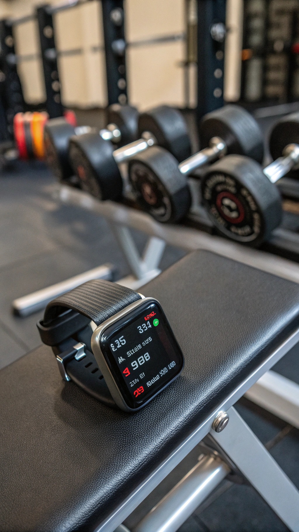 A smartwatch with fitness tracking features displayed on a gym bench, with weights in the background.