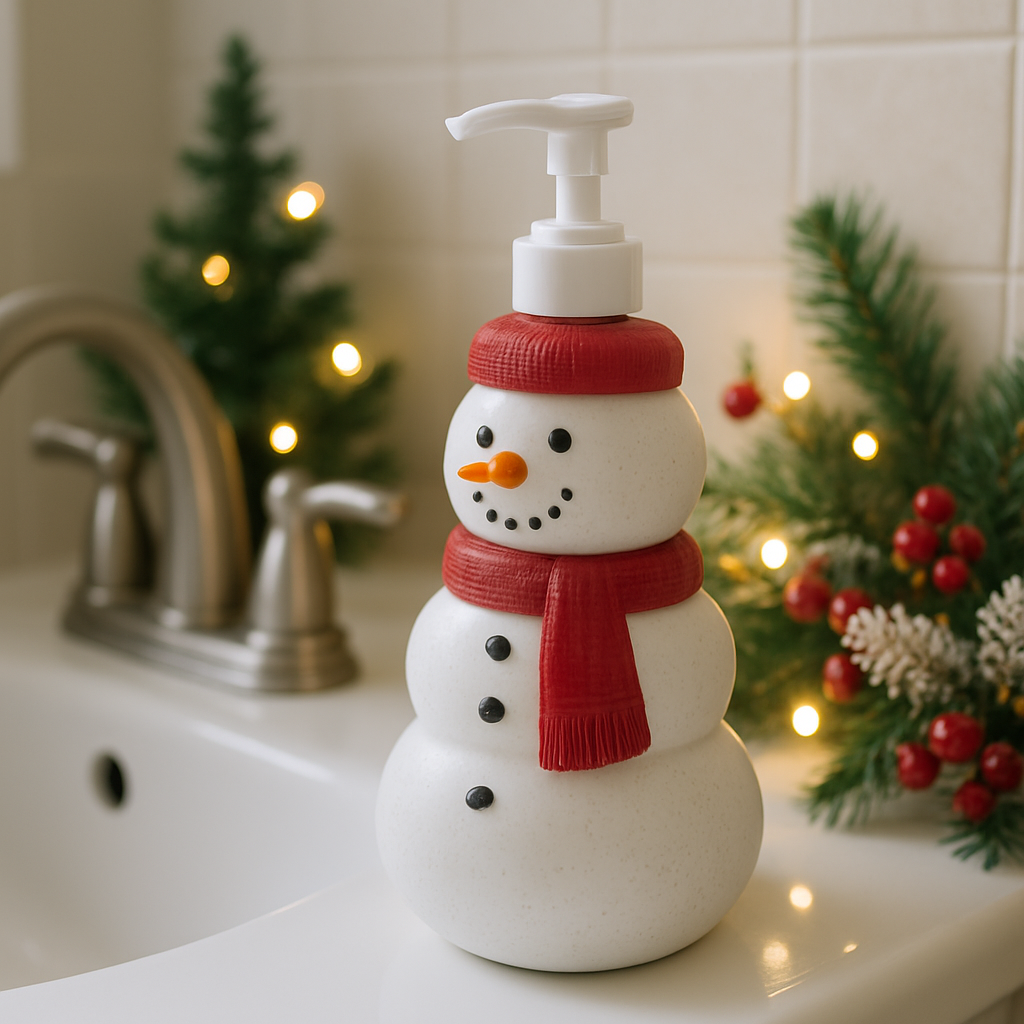 A snowman soap dispenser with a red scarf and a cheerful face, placed next to a sink decorated for Christmas.