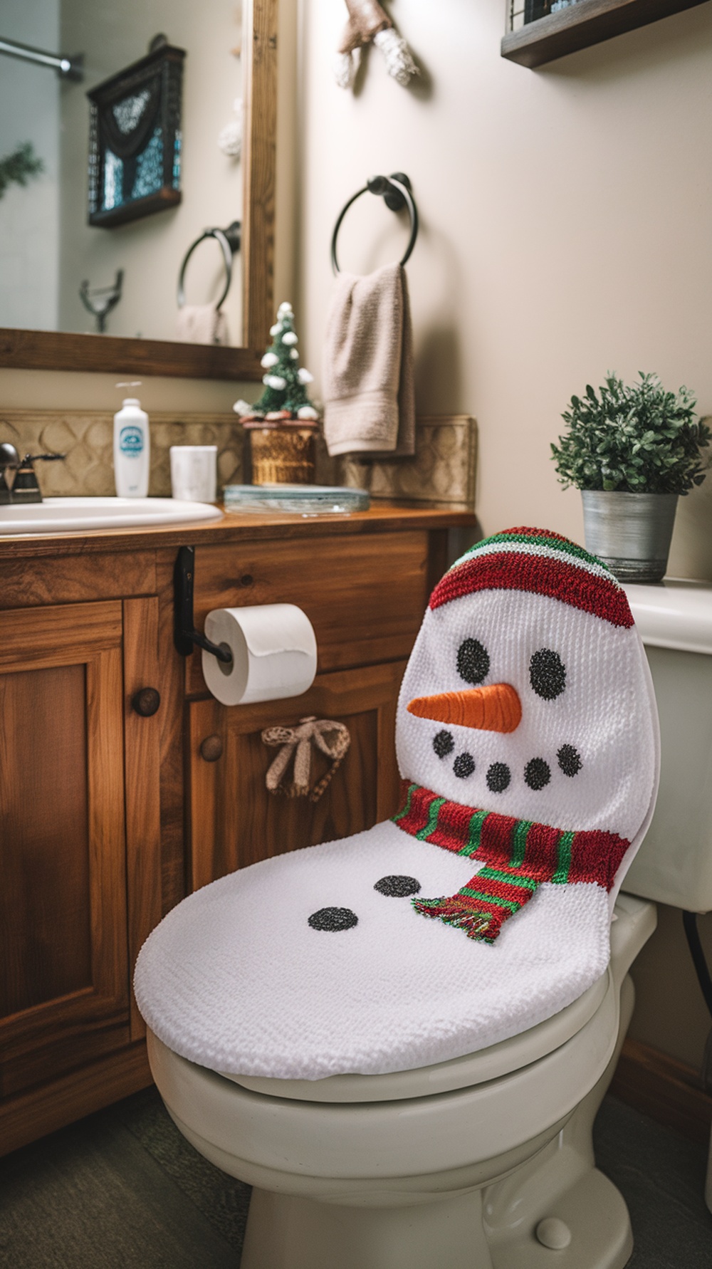 A snowman toilet seat cover with a carrot nose and a colorful scarf, placed in a cozy bathroom setting.