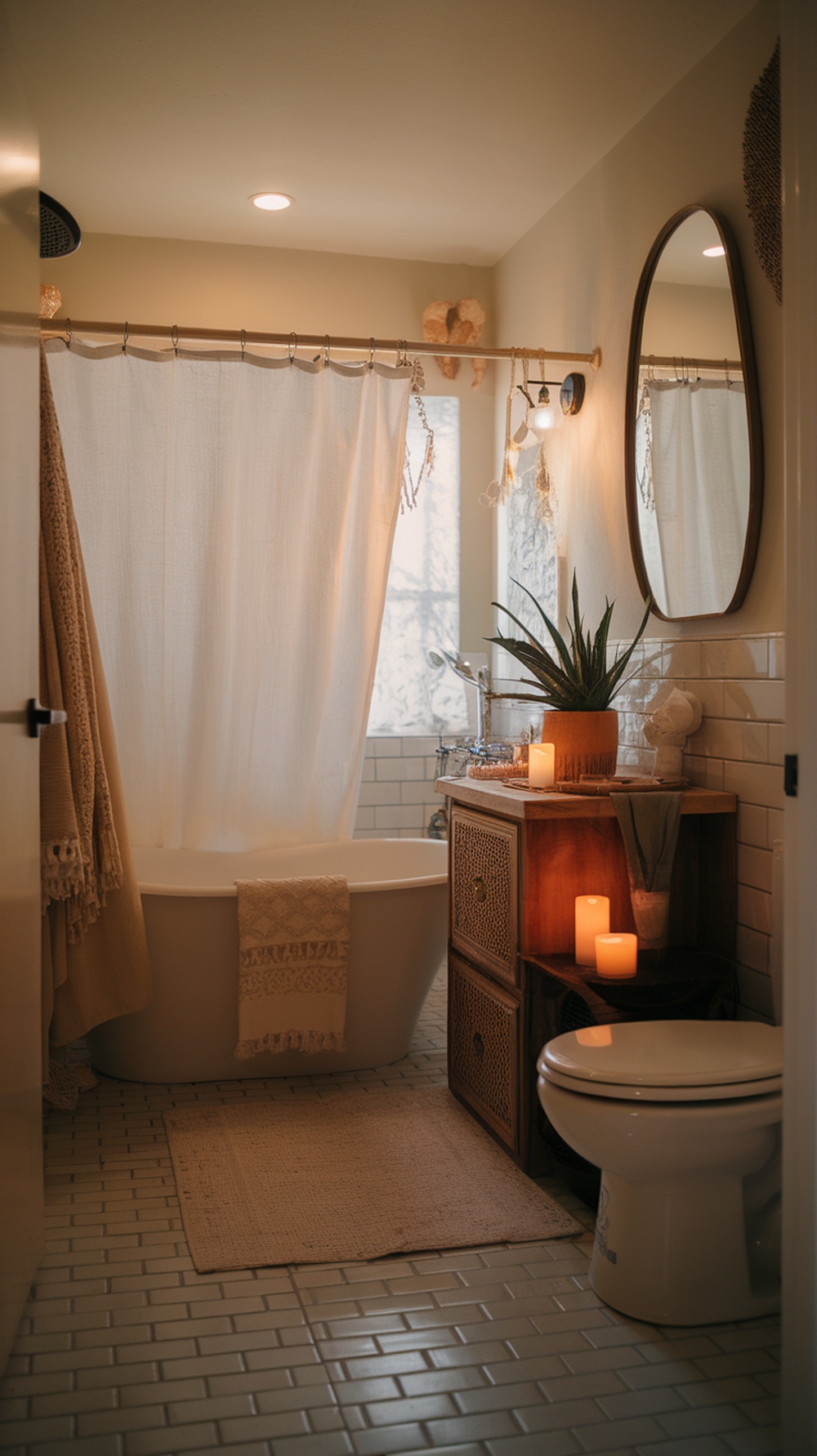 10 Boho Bathroom Decor Ideas for a Relaxed and Artistic Oasis A cozy bathroom with soft ambient lighting, featuring candles, a bathtub, and natural decor.