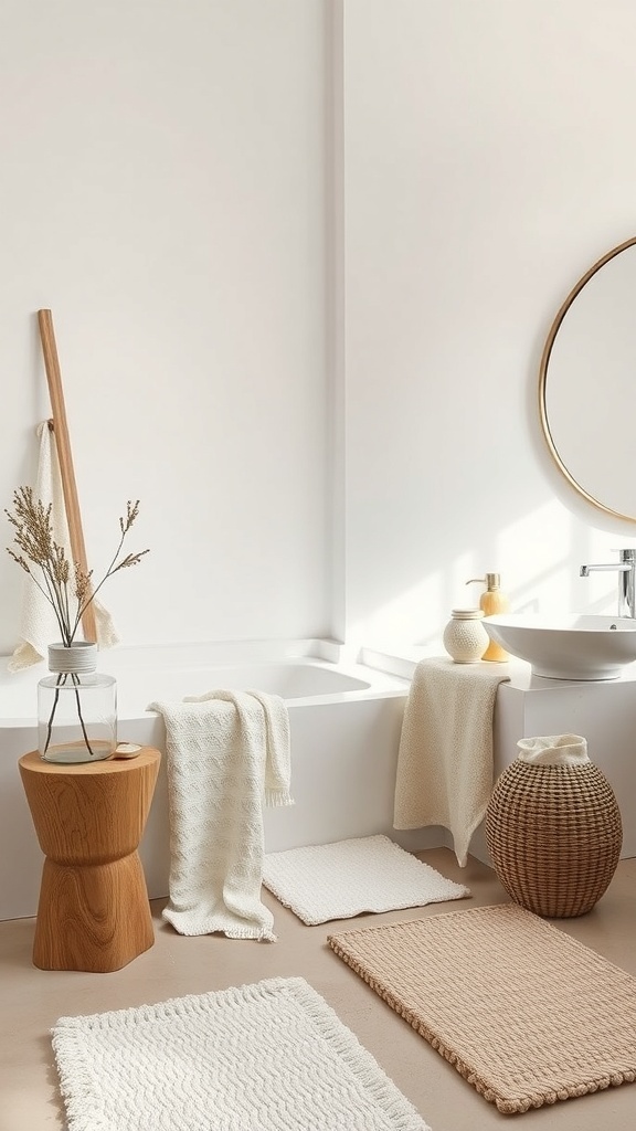 A minimalist bathroom featuring soft textiles, including towels and rugs in neutral tones, with wooden and woven decor elements.