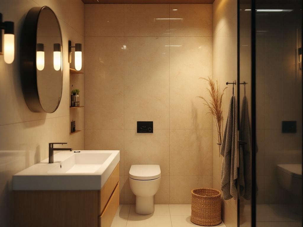 A modern small bathroom with warm lighting, a round mirror, and stylish fixtures.