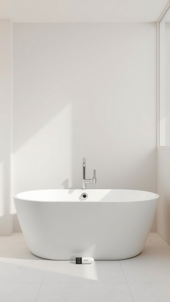 A modern minimalist bathtub in a bright bathroom setting