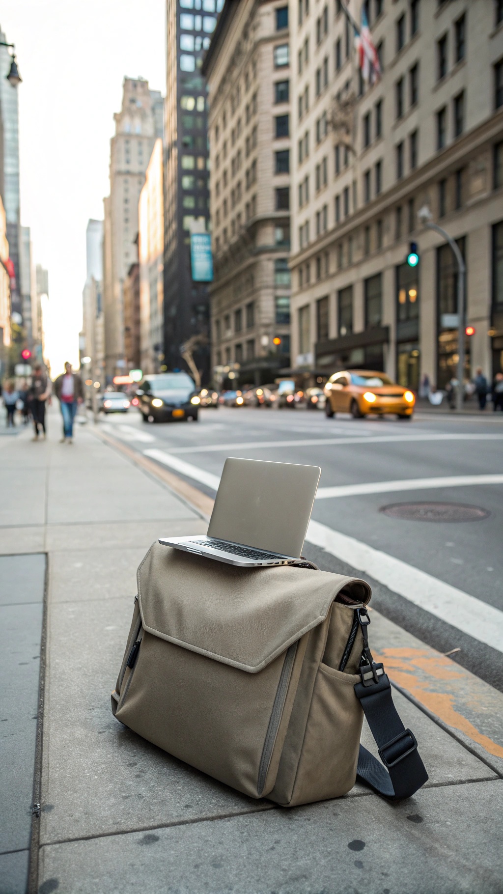 20 Thoughtful New Year's Gifts for Him A stylish messenger bag with a laptop on top, placed on a city sidewalk.